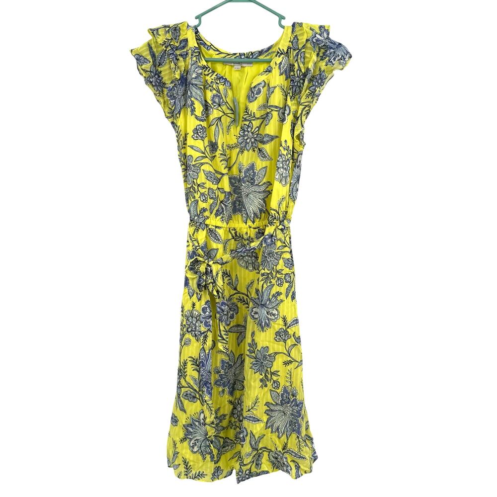 Loft Size Medium Petite Yellow Sun Dress Knee Length Belted Short Sleeve Bright
